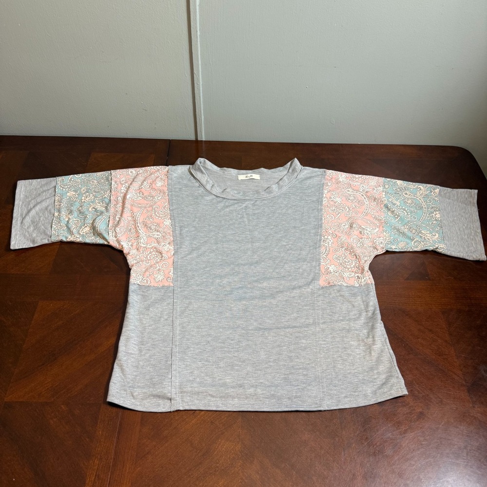 Paisley Sleeve Top Gray Women's Small Colorblock Made in USA Jade by Jane